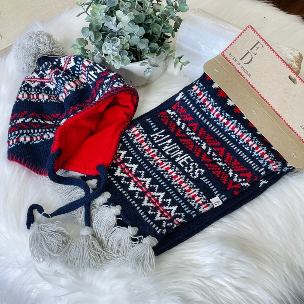 SCARF SET NEW 🌟 KINDNESS SCARF AND HAT SET ELLEN red blue white Woven knit 2pc